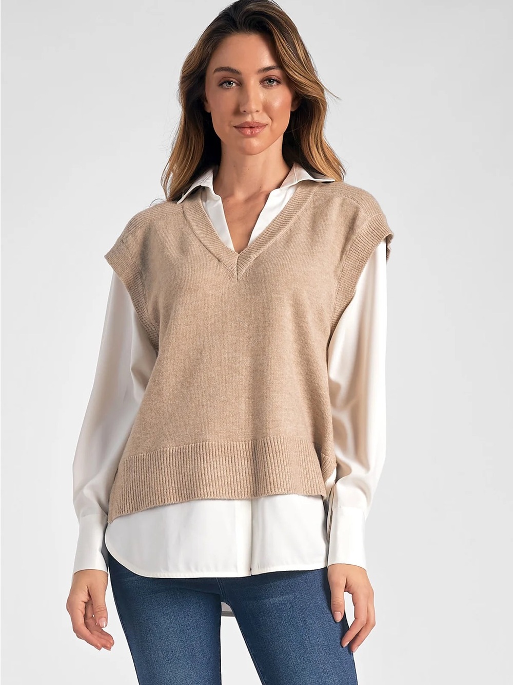 Elan V-Neck Layered Look Sweater Vest in Beige